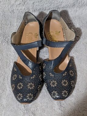 Rieker Navy Floral Cutout Leather Mary Jane Sandals Size 36EU